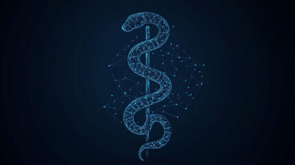 Rod of Asclepius. A serpent-entwined rod wielded. Vector low-poly wireframe illustration on dark blue background. Abstract medical template with connected dots and polygonal shapes.
