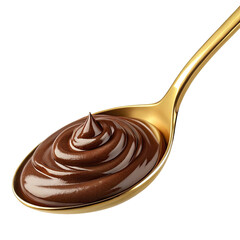 chocolate cream on golden spoon isolated on transparent background