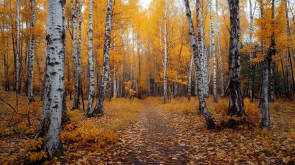 Fototapeta premium Beautiful autumn forest with vibrant orange foliage along a winding path in peaceful surroundings