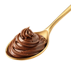chocolate cream on golden spoon isolated on transparent background