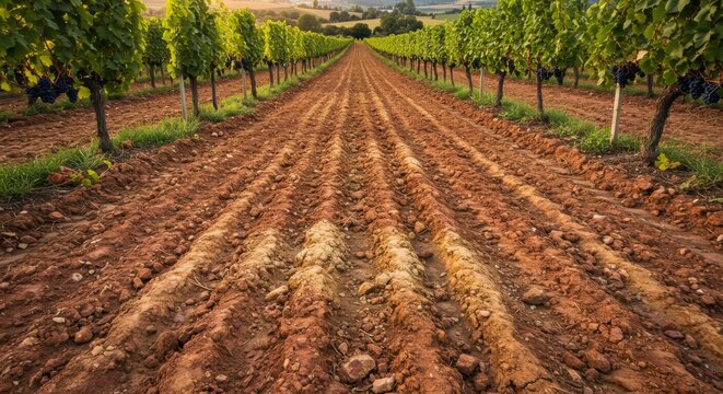 Vineyard Row with Ripe Grapes on Vines in the Countryside