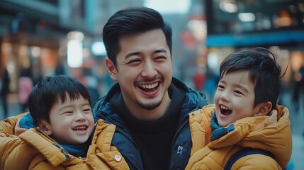 Vibrant candid image of a father laughing with his children during an outdoor adventure with an urban backdrop and engaging expressions