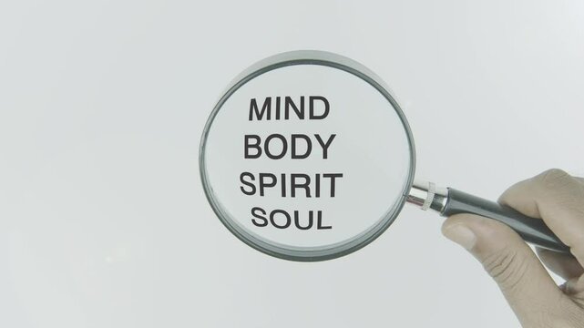 Mind, body, spirit, and soul text or words highlighted by a magnifying glass in a hand on a white background, symbolizing holistic well-being, balance, and the connection between mental, physical