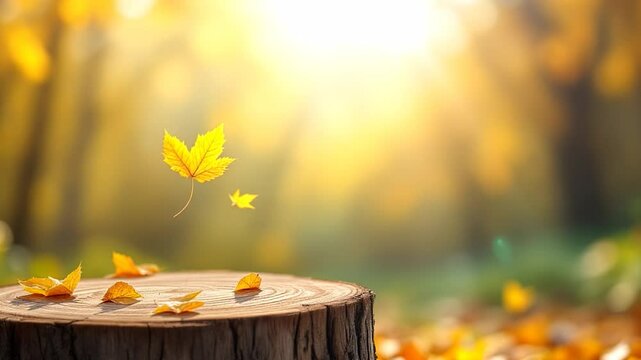 abstract autumn background with golden lighting and bright orange maple leaf branch and wooden table on blurred bokeh lights in sunhine, 4k Video. generated with AI
