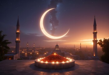 Ramadan Kareem Crescent Moon with Illuminated Mosque and Peaceful Ambiance