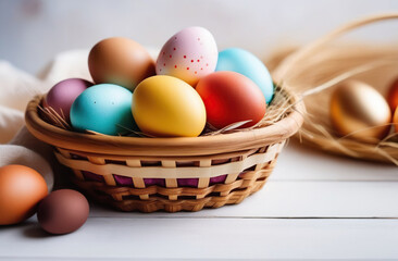  Easter painted eggs in a wooden basket, the basket stands on a white wooden platform, eggs lie nearby