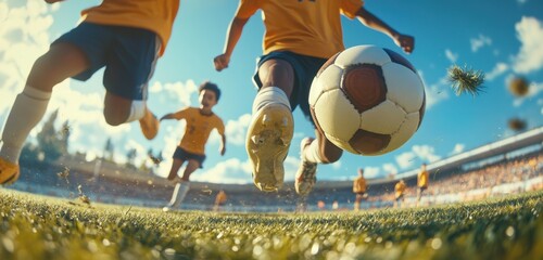 Children in sports uniforms playing soccer on the field, dribbling the ball and jumping to kick it while their team watches them during a competition game of a youth football league Generative AI