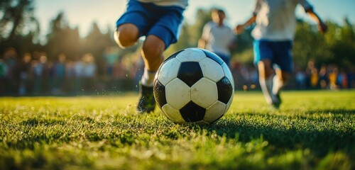 Young boys playing soccer on the field, fighting for the ball in a youth sports competition during a summer day Close-up of two players kicking a football with a cheering crowd Generative AI