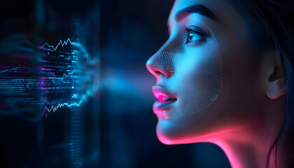 Side view of woman with open mouth, blue face, soundwave graphics voice recognition tech. AI processes speech, enables natural language interaction, dictation, authentication, smart assistance,