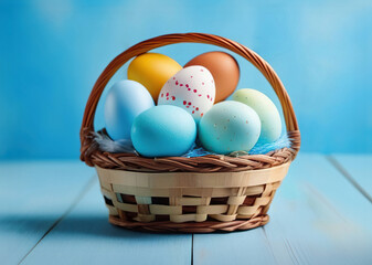  Easter painted eggs in a wooden basket, the basket stands on a blue wooden platform, blue background