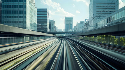 Fototapeta premium Fast Train Tracks Through a Metropolitan City Center with Modern Architecture in Motion Blur During Daytime with Bright Blue Sky