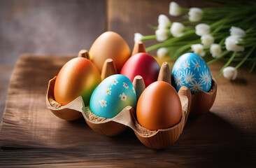 Painted Easter eggs in a wooden stand, on a wooden table, flowers in the background