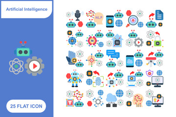 Artificial Intelligence Flat Icons Set, Collection of 25 Artificial Intelligence Flat Icons Set - 25 Vector Icons for AI, Machine Learning, Automation, and Technology Design