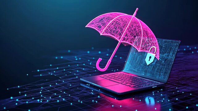 technology security computer laptop umbrella digital low poly wireframe ai generated video concept