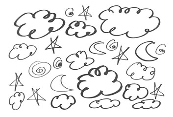 Doodle symbols and icons, hand draw black marker, isolated on white
