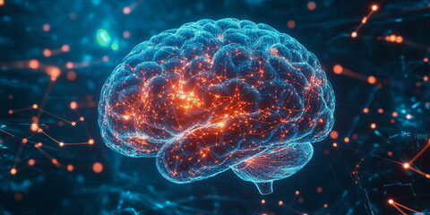 Artificial intelligence visualization. Digital brain from streams of information, luminous neurons, technology of the future