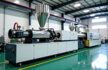 A twin screw compounder with extruder and hopper for bulk materials for mixing thermoplastic elasomers and plastics on a background of production