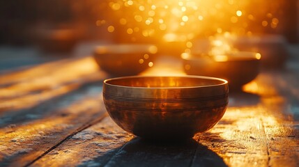 Tibetan singing bowls a wooden surface warm golden light peaceful meditation healing vibrations alternative sound therapy ancient wellness practice