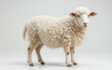 Naklejka premium Standing Sheep with White Fleece on Plain Background for Farm Imagery