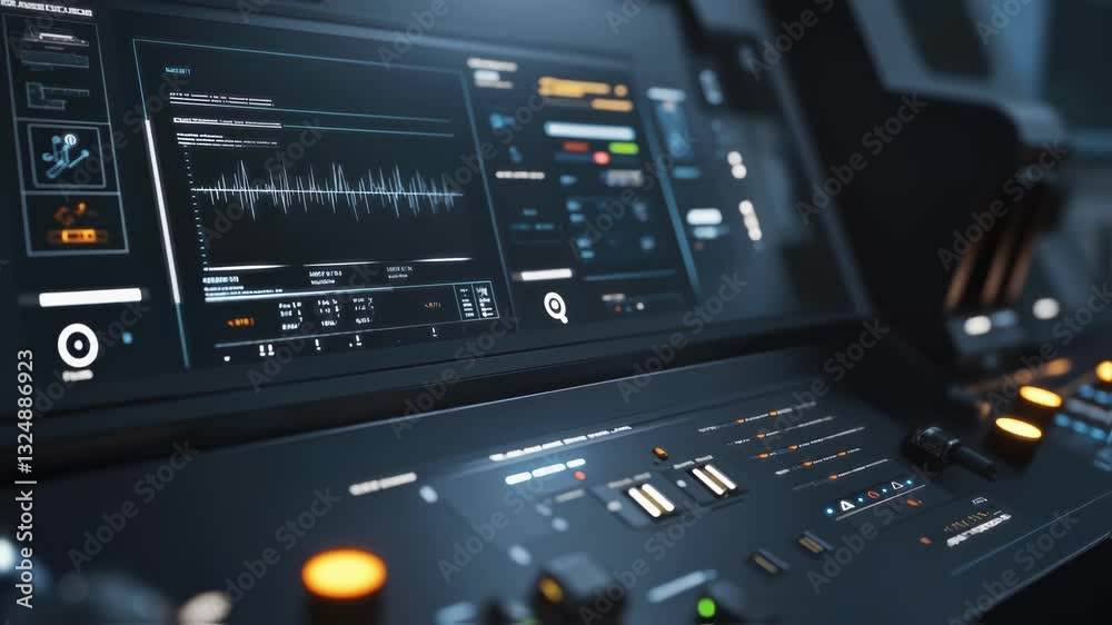 Poster futuristic control panel featuring illuminated buttons and complex data graphics, highlighting advan