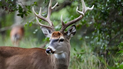 Close-Up of Deer with Large Antlers in Natural Green Environment