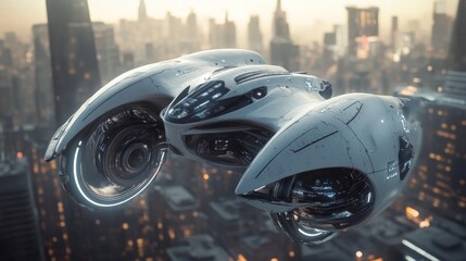 Fototapeta premium Futuristic Flying Vehicle Soaring Above a Metropolis at Dawn