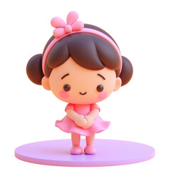 A cartoon shy girl brown hair, pink dress, pink cheeks, smiling 