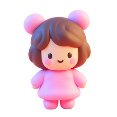 A cartoon white girl brown hair, pink dress, pink cheeks, smiling 