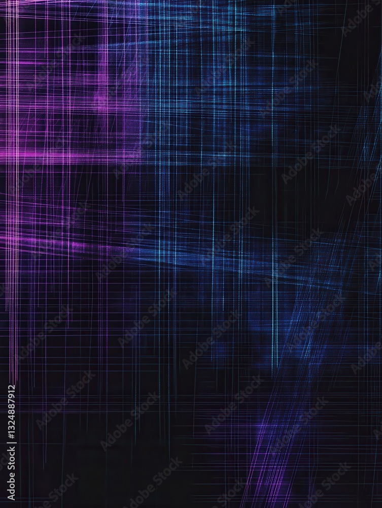 Leinwandbilder Mesmerizing abstract digital pattern with glowing neon lines showcasing a subtle grid in blue and purple shades against a dark gradient backdrop