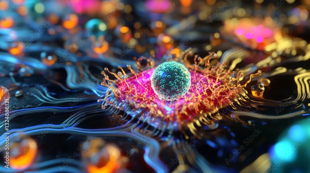 Poster in a vibrant digital environment, nodes representing artificial intelligence and biology interact th