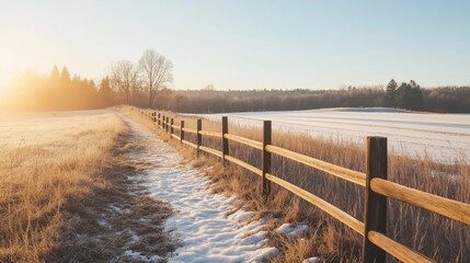 Fototapeta premium A country landscape with wooden fence running along a snow-covered path with golden sunlight casting a warm glow on a frosty winter morning