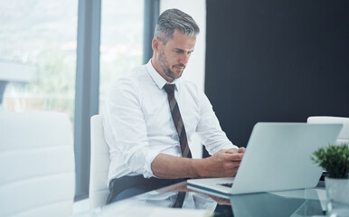 Thinking, business and man with laptop, internet and connection with tax review, financial report and invest. Person, employee and consultant in office, computer and email with website information