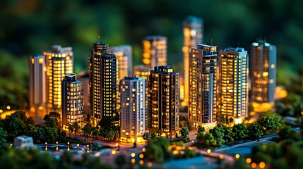 Fototapeta premium Miniature city model with glowing skyscrapers, lush trees, and futuristic night scene