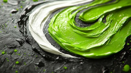  a close up of a green and white paint on a black surface, creating a vibrant contrast between the two colors The paint is a mix of green, white, and black, giving