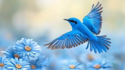 Obraz premium a blue bird flying through the air with its wings spread, surrounded by a field of blue flowers The background is slightly blurred, giving the image a dreamy feel