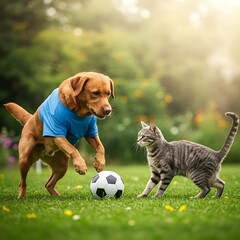A Fun and Furry Showdown: Dog vs. Cat in an Adorable Soccer Match on a Sunny Day