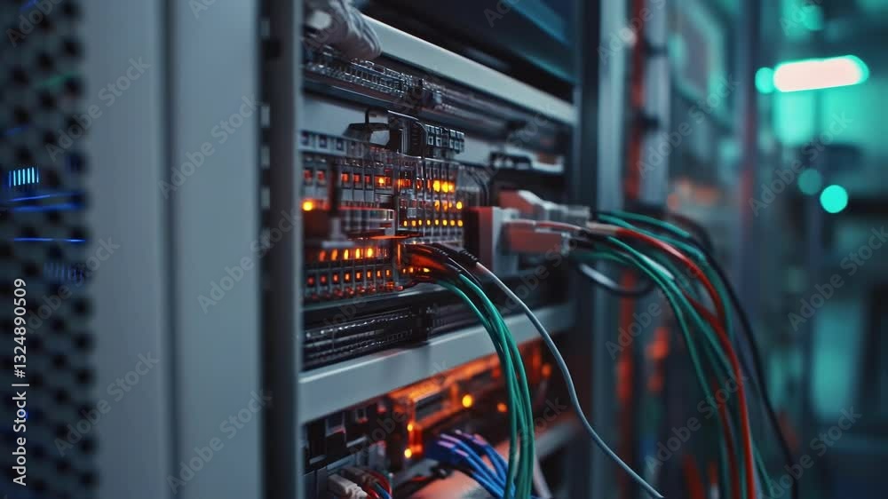 Poster close up of a server rack with blinking lights and cables, representing the complex processes of dat