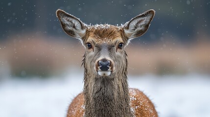  a red deer standing in the snow, its coat a mix of brown and cream colors The background is blurred, giving the focus to the deer