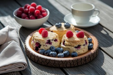  berry scones and a cup of tea served on a rustic wooden table