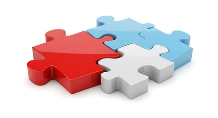 Glossy red white and blue puzzle pieces interlock against a bright white background creating a strong visual metaphor for teamwork collaboration and problem solving