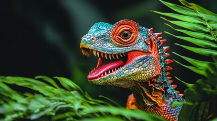 Obraz premium a colorful iguana with its mouth open in the jungle, surrounded by lush green leaves The background is slightly blurred, giving the image a dreamy feel