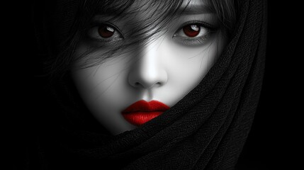  a woman with red lips and a black veil covering her face, set against a dark background