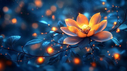  an orange flower with green leaves and twinkling lights on a blue background The flower is vibrant and stands out against the blurred background, making it the foc