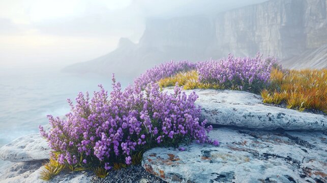  a rocky cliff with purple flowers growing out of it, surrounded by lush green grass and a body of water in the background The sky is a bright white, creating a bea
