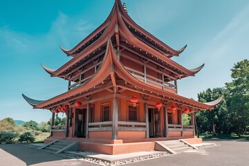 Fototapeta premium Traditional Chinese Pagoda Architecture, Red Wooden Structure, Scenic Landscape
