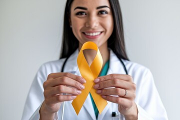 Doctor holding a yellow ribbon, representing awareness and support for various causes