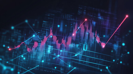 Fototapeta premium Hi-tech hologram of growing graph chart on blue background. Digital low poly wireframe vector illustration. Abstract stock market investment trading concept. Business finance investment graph growth.
