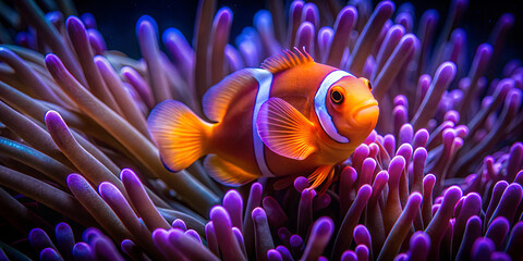 A clownfish is gracefully navigating through bright purple anemone tentacles in a lively coral reef. The underwater habitat showcases the vivid colors and harmony of marine life