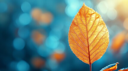 Obraz premium a single yellow leaf on a stem against a blue background, creating a beautiful autumnal scene The leaf is vibrant and stands out against the blurred background, ma