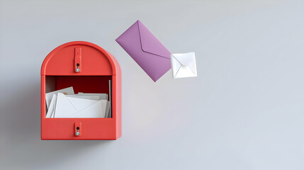 3D Render of Overflowing Red Mailbox With Incoming Purple Envelope Against Minimalist Gray Wall Background